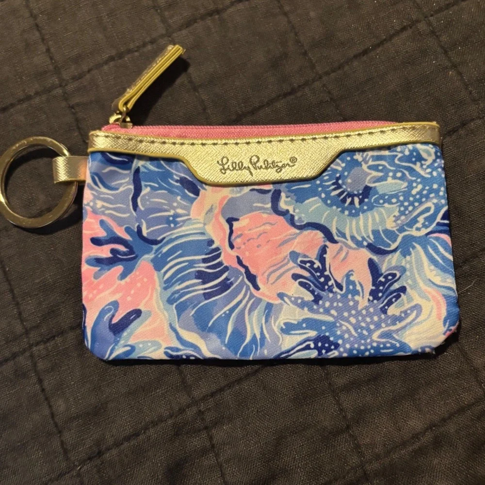 Lilly Pulitzer Coin Pouch Keychain Card Holder Pink Blue Coral Floral‎